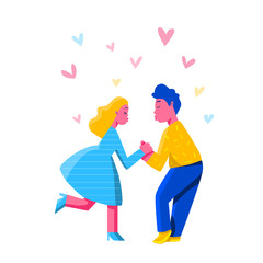 Cartoon man and woman characters standing and holding hands to each other. Couple in love kissing.