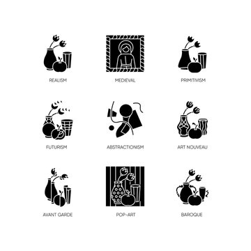 Cultural movements black glyph icons set on white space. Futurism, abstractionism, art nouveau art styles. Avant garde, realism painting. Silhouette symbols. Vector isolated illustration