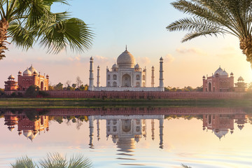 Taj Mahal Mausoleum on the bank of the Yumana, Agra, India - obrazy, fototapety, plakaty