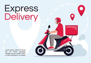 Fototapeta na wymiar Express delivery poster template. Logistics and goods distribution. Commercial flyer design with semi flat illustration. Vector cartoon promo card. Courier driver service advertising invitation