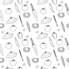 Seamless pattern of healthy vegetables that improve mood, carrots, peppers, peas, green onions, squash and tomato and its half, vector illustration, hand drawing