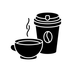 Tea and coffee black glyph icon. Coffee in disposable cup for takeaway. Aromatic black tea in mug. Coffeeshop products. Silhouette symbol on white space. Vector isolated illustration