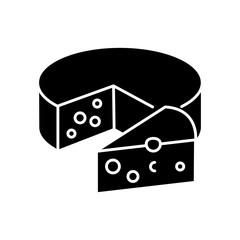 Cheese black glyph icon. Dairy product. Cooking recipe ingredient. Milk based food item. Healthy appetizer. Cheese wheel with slice. Silhouette symbol on white space. Vector isolated illustration