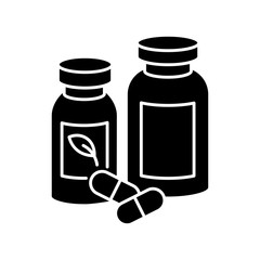 Pharmacy black glyph icon. Pills in containers. Herbal drugs for healthcare. Organic diet supplements. Pharmaceutical products. Silhouette symbol on white space. Vector isolated illustration