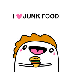 I love junk food hand drawn vector illustration in cartoon comic style man cheeful holding burger
