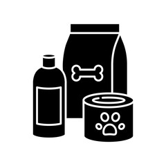 Pet care black glyph icon. Food for dogs in bag package. Canned goods for cats. Petshop products for kittens and puppies. Vet items. Silhouette symbol on white space. Vector isolated illustration