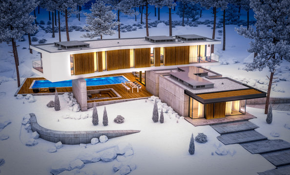 3d rendering of modern cozy house on the hill with garage and pool for sale or rent with beautiful landscaping on background. Cool winter night with warm cozy light inside.