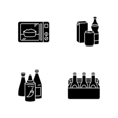 Food store products black glyph icons set on white space. Ready meal. Microwave popcorn. Different beverages. Ketchup in bottle. Alcohol drink. Silhouette symbols. Vector isolated illustration