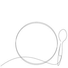Spoon and plate silhouette line drawing, vector illustration
