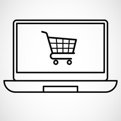 Online shopping using laptop/notebook, With the concept graphic showing laptop screen with shopping cart icon in black and white. linear icon illustration on white background