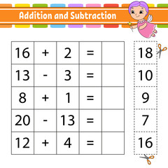 Addition and subtraction. Task for kids. Cut and paste. Education developing worksheet. Activity page. Game for children. Funny character. Isolated vector illustration. Cartoon style.