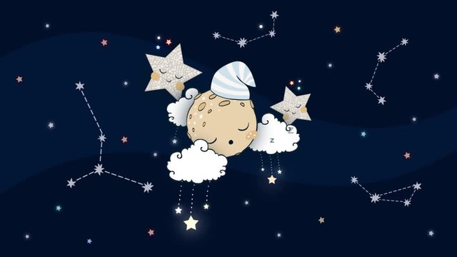 Cute cartoon animated sleeping moon on night sky 
 with garlands on clouds and shooting stars. Beautiful 
 seamless looped animation footage. Kids theme 