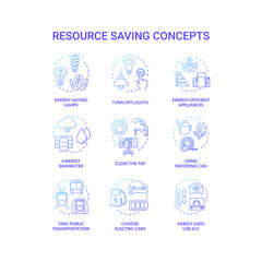 Resource saving blue concept icons set. Sustainable consumption. Efficient applience power use. Reduce supply usage idea thin line RGB color illustrations. Vector isolated outline drawings