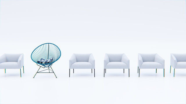 St&uuml;hle in einer Reihe: Konzept sich abheben, Kreativit&auml;t, Innovation und anders sein