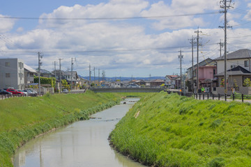 Fototapeta na wymiar river in the city, Japan, April