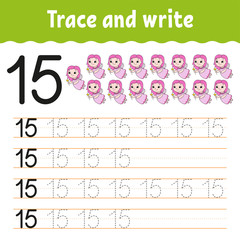Trace and write. Number 15. Handwriting practice. Learning numbers for kids. Activity worksheet. Cartoon character.