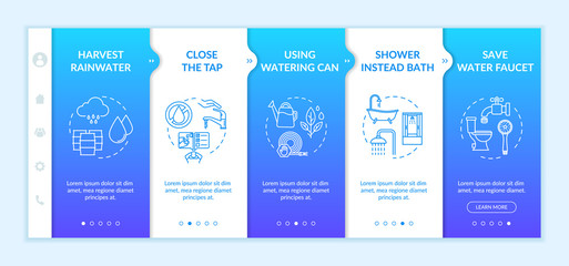 Water saving advice onboarding vector template. Saving money on resources sustainable consumption. Responsive mobile website with icons. Webpage walkthrough step screens. RGB color concept