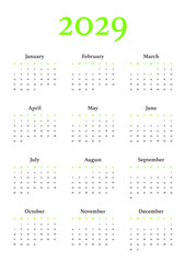 Annual calendar in A4 format for 2029 year