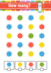 Counting game for children. Happy characters. Learning mathematics. How many object in the picture. Education worksheet. With space for answers. Isolated vector illustration in cute cartoon style.