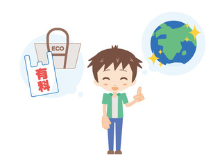 人物＿地球とエコバック_男性＿グリーン
