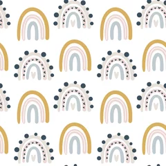 Tapeten Kinder handgezeichnete nahtlose Muster mit bunten Pastellregenbögen. Sommer Hintergrund. Vektorillustration für Babydesign. Skandinavischer Stil © timonko