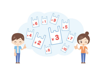 人物セット＿いろんなバッグ_レジ袋＿ブルーとオレンジ