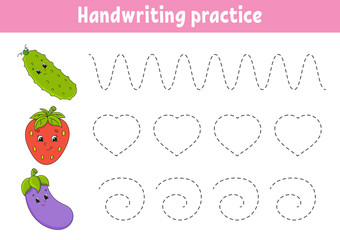 Handwriting pactice. Education developing worksheet. Activity page. Fruits and vegetables. Color game for children. Isolated vector illustration. Cartoon character.