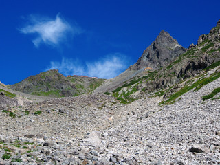 日本アルプスの名峰・槍ヶ岳と稜線の山荘