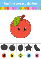 Find the correct shadow. Fruit apple. Education developing worksheet. Activity page. Color game for children. Isolated vector illustration. Cartoon character.