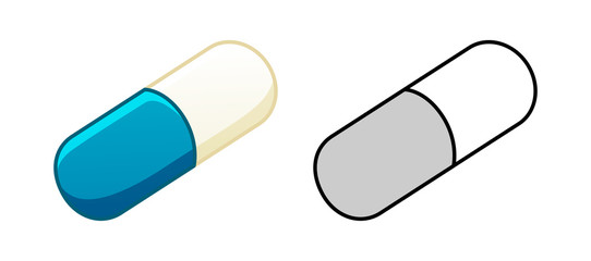 Flat and outline style oval capsule pills isolated illustration on white background