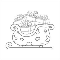 Christmas sleigh santa claus with gifts. Coloring book for kids. Cartoon character. Vector illustration. Black contour silhouette. Isolated on white background.