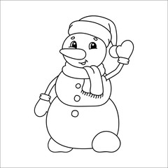 Coloring book for kids. Christmas snowman in a hat and scarf waving. Cartoon character. Vector illustration. Black contour silhouette. Isolated on white background.