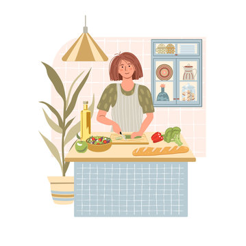Smiling woman cooking salad on kitchen table. Girl preparing homemade meals. Vegetarian cuisine. Flat cartoon vector illustration.