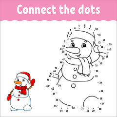 Dot to dot game. Draw a line. Christmas snowman. For kids. Activity worksheet. Coloring book. With answer. Cartoon character.