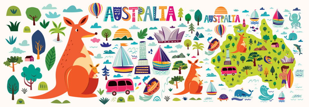 Australia collection with Australia map, animals, symbols, architecture Of Sydney