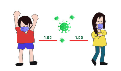 Cartoon two children stand one meter apart, safety distance, protect coronavirus covid-19