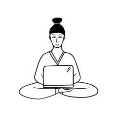 Hand drawn woman freelancer with laptop, sitting cross-legged. Work at home, stay home, work online, part time job concept. Doodle illustration. Studying online. Quarantine positive doodle people.