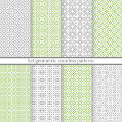 Set geometric seamless patterns. Abstract geometric backgrounds grey and green colors. Vector illustration. Collection repeating textures. Elegant ornament. Design paper, wallpaper, textile, print.