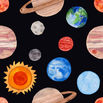 Gouache Painted Space Seamless Pattern With Planets
