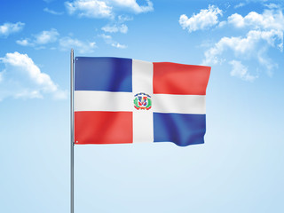 Dominican Republic flag waving sky background 3D illustration