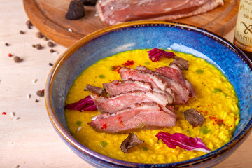 restaurant dish on a plate and ingredients that it includes