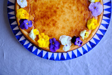 San Sebastian Cheesecake, decorated with edible flowers