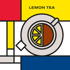 Tea cup with lemon and sugar. Modern style art with rectangular colour blocks. Piet Mondrian style pattern.