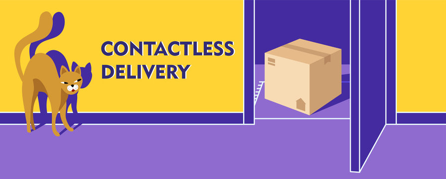 Contactless delivery banner. Violet open door. A craft box stands on the doorstep. Cartoon cat is looking out of the room at the delivered box. Vector stock illustration with a warm yellow background.