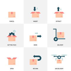 Vector collection of colorful parcel flat icons. Package, delivery boxes, cargo box. Cargo distribution, export boxes, return parcel icons. Shipment of goods, open package.