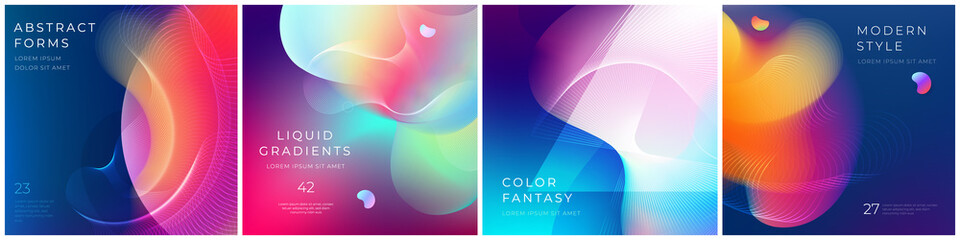Set of square liquid color abstract geometric shapes. Fluid gradient elements for minimal banner, logo, social post. Futuristic trendy dynamic square banners. Abstract background. Eps10 vector.