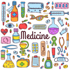 Medical healthcare doodle colorful icons vector set