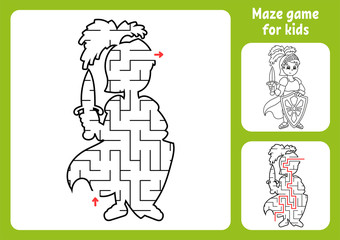 Abstract maze. Brave knight. Game for kids. Puzzle for children. Labyrinth conundrum. Find the right path. Education worksheet. With answer.