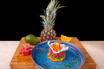 restaurant dish on a plate and ingredients that it includes