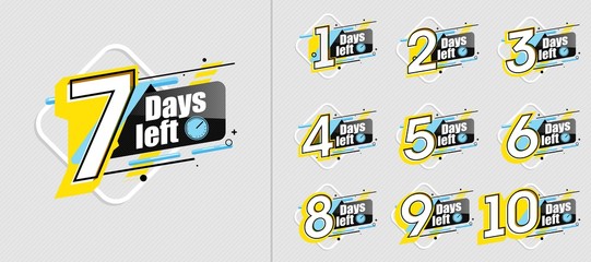 Countdown day. Sale countdown label set with limited time badge. Promotion banner count down days to go. Announcement badge with timer day left. Count time sale banner. Number days left countdown